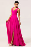 Fuchsia A Line Backless Long Convertible Chiffon Dress with Slit