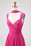 Fuchsia A Line Open Back Convertible Chiffon Long Bridesmaid Dress with Slit