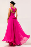 Fuchsia A Line Backless Long Convertible Chiffon Dress with Slit