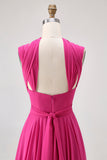 Fuchsia A Line Open Back Convertible Chiffon Long Bridesmaid Dress with Slit
