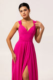 Fuchsia A Line Backless Long Convertible Chiffon Dress with Slit
