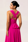 Fuchsia A Line Backless Long Convertible Chiffon Dress with Slit