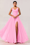 Hot Pink A-Line Cowl Neck Chiffon Long Bridesmaid Dress with Slit