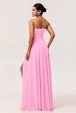 Hot Pink A-Line Cowl Neck Chiffon Long Bridesmaid Dress with Slit