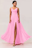 Hot Pink A-Line Cowl Neck Chiffon Long Bridesmaid Dress with Slit