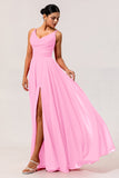 Hot Pink A-Line Cowl Neck Chiffon Long Bridesmaid Dress with Slit
