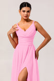 Hot Pink A-Line Cowl Neck Chiffon Long Bridesmaid Dress with Slit