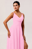 Hot Pink A-Line Cowl Neck Chiffon Long Bridesmaid Dress with Slit