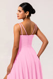 Hot Pink A-Line Cowl Neck Chiffon Long Bridesmaid Dress with Slit