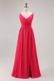 Hot Pink Cowl Neck A Line Chiffon Long Bridesmaid Dress with Slit