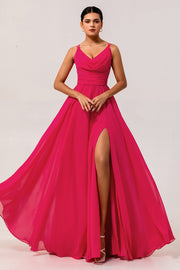 Hot Pink A-Line Cowl Neck Chiffon Long Bridesmaid Dress with Slit