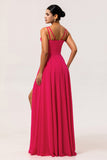 Hot Pink A-Line Cowl Neck Chiffon Long Bridesmaid Dress with Slit