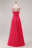Hot Pink Cowl Neck A Line Chiffon Long Bridesmaid Dress with Slit