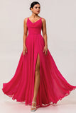 Hot Pink A-Line Cowl Neck Chiffon Long Bridesmaid Dress with Slit