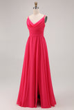 Hot Pink Cowl Neck A Line Chiffon Long Bridesmaid Dress with Slit