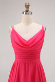 Hot Pink Cowl Neck A Line Chiffon Long Bridesmaid Dress with Slit