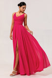 Hot Pink A-Line Cowl Neck Chiffon Long Bridesmaid Dress with Slit