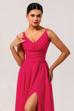 Hot Pink A-Line Cowl Neck Chiffon Long Bridesmaid Dress with Slit