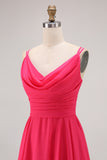 Hot Pink Cowl Neck A Line Chiffon Long Bridesmaid Dress with Slit