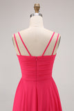 Hot Pink Cowl Neck A Line Chiffon Long Bridesmaid Dress with Slit