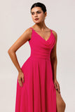 Hot Pink A-Line Cowl Neck Chiffon Long Bridesmaid Dress with Slit