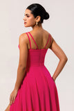 Hot Pink A-Line Cowl Neck Chiffon Long Bridesmaid Dress with Slit