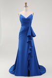 Royal Blue Sweetheart Neck Fitted Bodice Satin Maxi Dress with Ruffle Side