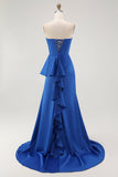 Royal Blue Sweetheart Neck Fitted Bodice Satin Maxi Dress with Ruffle Side