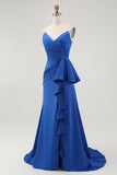 Royal Blue Sweetheart Neck Fitted Bodice Satin Maxi Dress with Ruffle Side