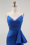 Royal Blue Sweetheart Neck Fitted Bodice Satin Maxi Dress with Ruffle Side