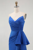 Royal Blue Sweetheart Neck Fitted Bodice Satin Maxi Dress with Ruffle Side