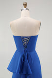 Royal Blue Sweetheart Neck Fitted Bodice Satin Maxi Dress with Ruffle Side