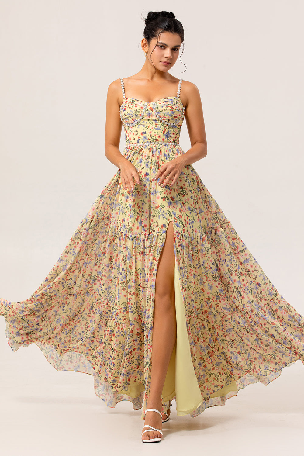 WEDTREND Women Yellow Flower Wedding Party Dress A-Line Chiffon Lace Up Back Spaghetti Straps Pearls Long Bridesmaid Dress with Slit WEDTREND Women Yellow Flower Wedding Party Dress A-Line Chiffon Lace Up Back Spaghetti Straps Pearls Long Bridesmaid Dress with Slit