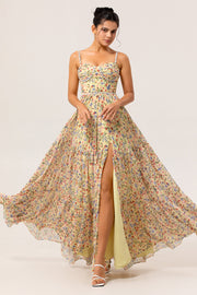 Yellow A-Line Spaghetti Straps Pearls Long Floral Chiffon Dress with Slit