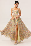 Yellow A-Line Spaghetti Straps Pearls Long Floral Chiffon Dress with Slit