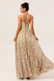 Yellow A-Line Spaghetti Straps Pearls Long Floral Chiffon Dress with Slit