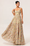 Yellow A-Line Spaghetti Straps Pearls Long Floral Chiffon Dress with Slit