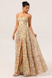 Yellow A-Line Spaghetti Straps Pearls Long Floral Chiffon Dress with Slit