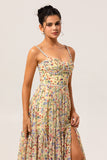 Yellow A-Line Spaghetti Straps Pearls Long Floral Chiffon Dress with Slit