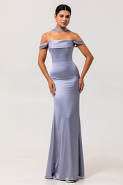 Dusty Blue Sheath Backless Convertible Satin Long Bridesmaid Dress with Slit
