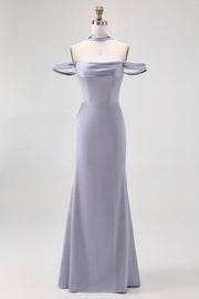 Dusty Blue Sheath Off The Shoulder Backless Satin Long Bridesmaid Dress with Slit