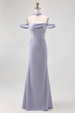 Dusty Blue Sheath Off The Shoulder Backless Satin Long Bridesmaid Dress with Slit