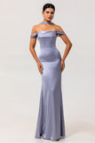 Dusty Blue Sheath Backless Convertible Satin Long Bridesmaid Dress with Slit
