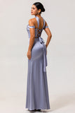 Dusty Blue Sheath Off The Shoulder Backless Satin Long Bridesmaid Dress with Slit