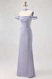 Dusty Blue Sheath Off The Shoulder Backless Satin Long Bridesmaid Dress with Slit
