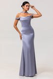Dusty Blue Sheath Backless Convertible Satin Long Bridesmaid Dress with Slit