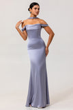 Dusty Blue Sheath Off The Shoulder Backless Satin Long Bridesmaid Dress with Slit