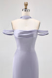 Dusty Blue Sheath Off The Shoulder Backless Satin Long Bridesmaid Dress with Slit