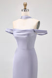 Dusty Blue Sheath Off The Shoulder Backless Satin Long Bridesmaid Dress with Slit