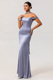Dusty Blue Sheath Backless Convertible Satin Long Bridesmaid Dress with Slit